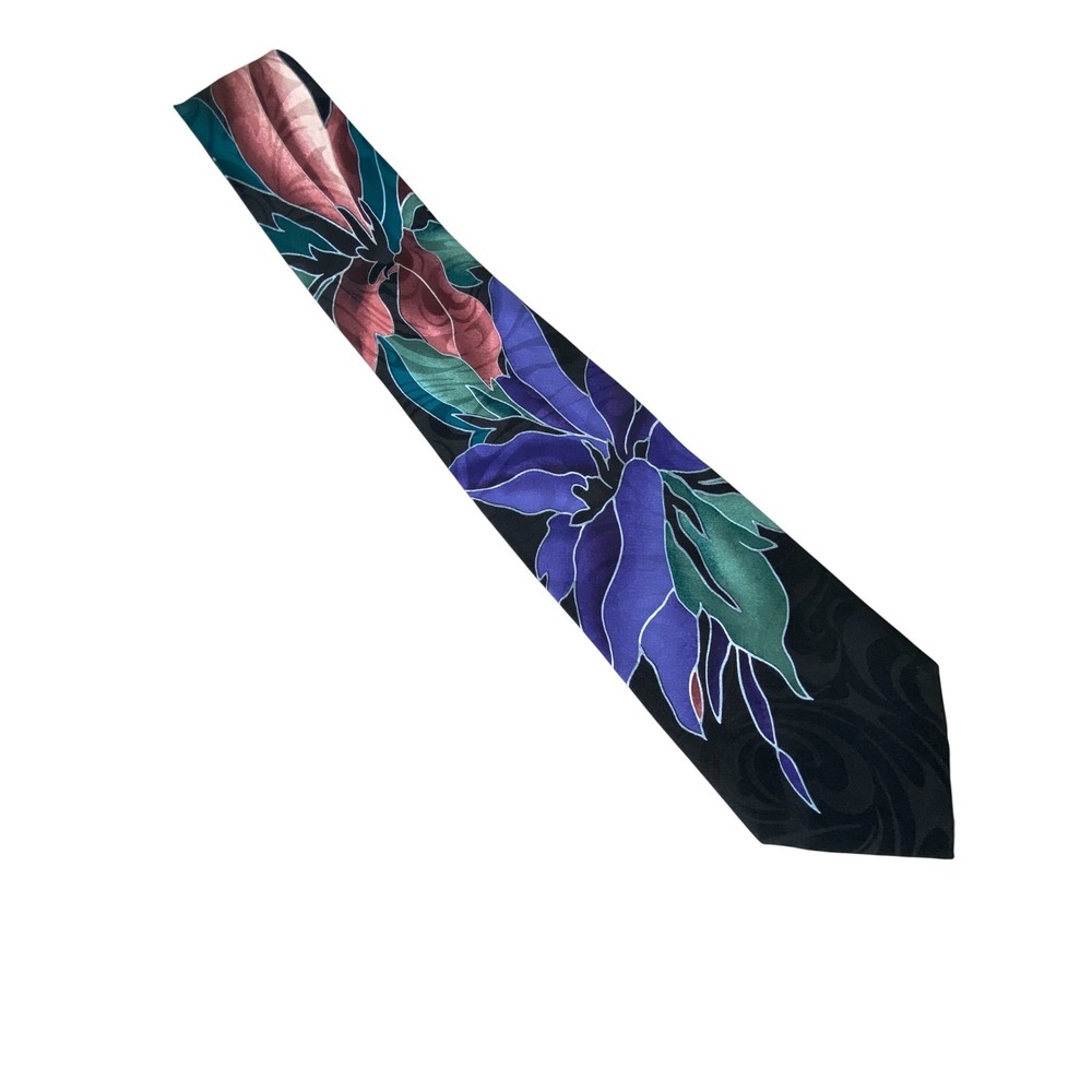 Roffe Accessories Mens Tie One Silk Floral Paisley Black Purple Hand Made